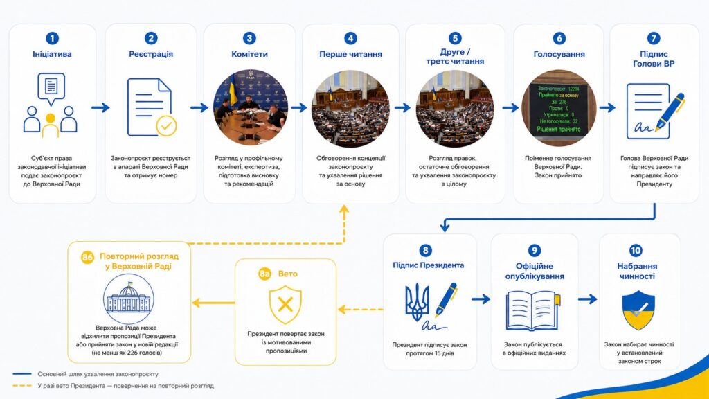 Шлях законопроєкту в Україні: ініціатива, комітети, читання, голосування, вето та набрання чинності
