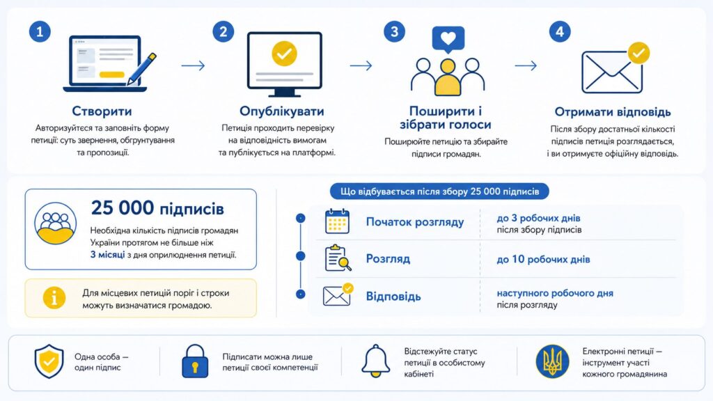 Електронна петиція: скільки підписів потрібно, строки, створення, поширення та відповідь влади 2026