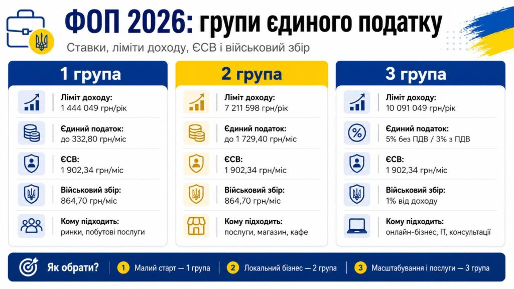 Групи єдиного податку для ФОП у 2026 році: ставки, ліміти доходу, ЄСВ і військовий збір і як обрати