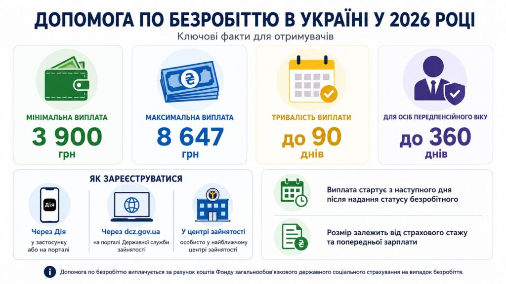 Допомога по безробіттю 2026: розмір 3900–8647 грн, строки, умови і реєстрація через Дію онлайн в ЦЗ