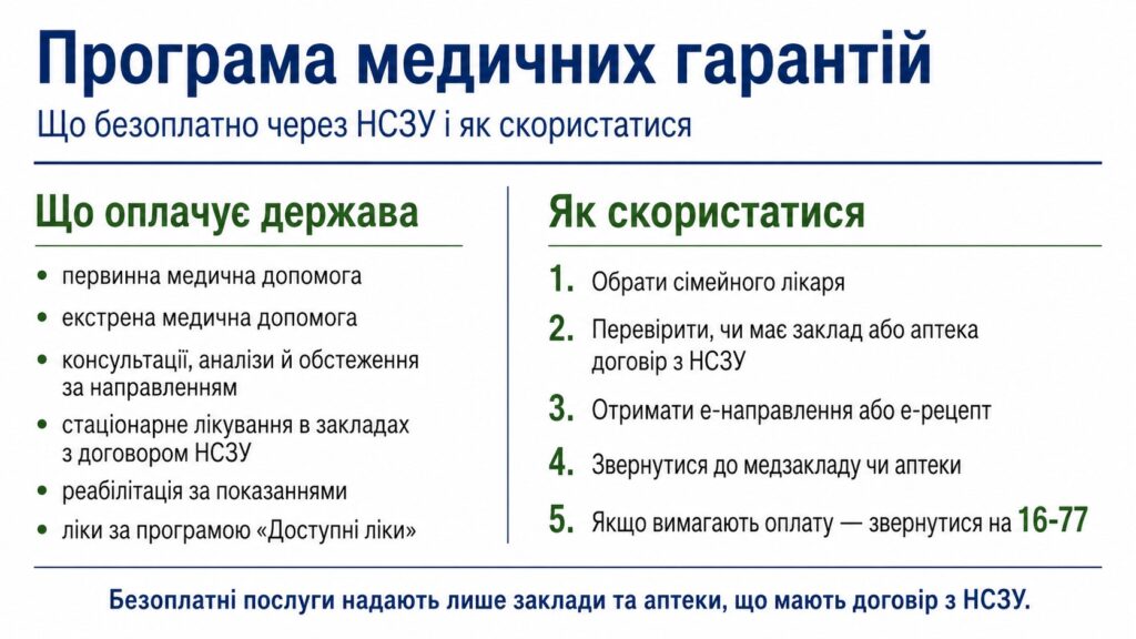 Програма медичних гарантій НСЗУ: безкоштовні послуги, ліки та як їх отримати в Україні у 2026 році