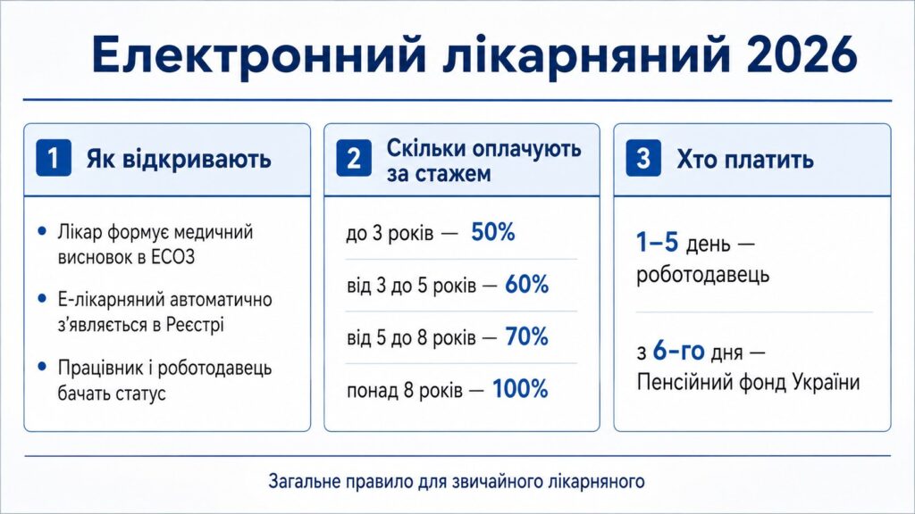 Як відкрити електронний лікарняний 2026: скільки платять за стажем 50–100% і хто оплачує в Україні