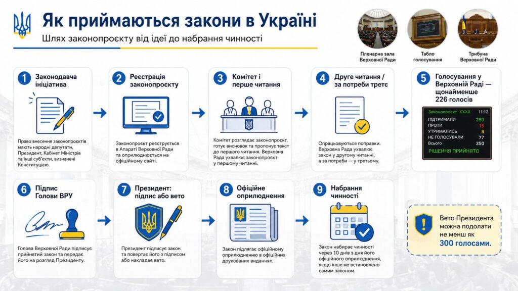 Як ухвалюють закони в Україні: ініціатива, читання, голоси, вето Президента і чинність законів Ради